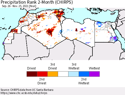 North Africa Precipitation Rank since 1981, 2-Month (CHIRPS) Thematic Map For 9/26/2021 - 11/25/2021