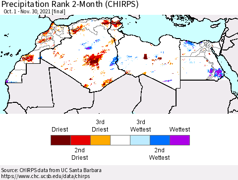 North Africa Precipitation Rank since 1981, 2-Month (CHIRPS) Thematic Map For 10/1/2021 - 11/30/2021