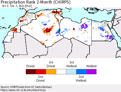 North Africa Precipitation Rank since 1981, 2-Month (CHIRPS) Thematic Map For 10/6/2021 - 12/5/2021