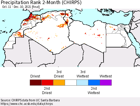 North Africa Precipitation Rank since 1981, 2-Month (CHIRPS) Thematic Map For 10/11/2021 - 12/10/2021