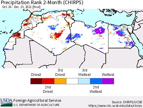 North Africa Precipitation Rank since 1981, 2-Month (CHIRPS) Thematic Map For 10/16/2021 - 12/15/2021