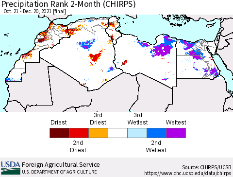 North Africa Precipitation Rank since 1981, 2-Month (CHIRPS) Thematic Map For 10/21/2021 - 12/20/2021