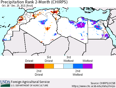 North Africa Precipitation Rank since 1981, 2-Month (CHIRPS) Thematic Map For 10/26/2021 - 12/25/2021