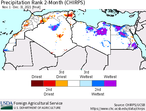 North Africa Precipitation Rank since 1981, 2-Month (CHIRPS) Thematic Map For 11/1/2021 - 12/31/2021