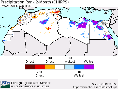 North Africa Precipitation Rank since 1981, 2-Month (CHIRPS) Thematic Map For 11/6/2021 - 1/5/2022