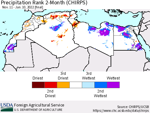 North Africa Precipitation Rank since 1981, 2-Month (CHIRPS) Thematic Map For 11/11/2021 - 1/10/2022