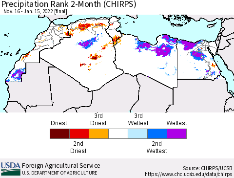 North Africa Precipitation Rank since 1981, 2-Month (CHIRPS) Thematic Map For 11/16/2021 - 1/15/2022