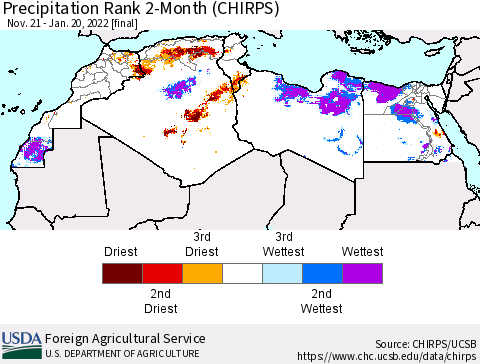 North Africa Precipitation Rank since 1981, 2-Month (CHIRPS) Thematic Map For 11/21/2021 - 1/20/2022