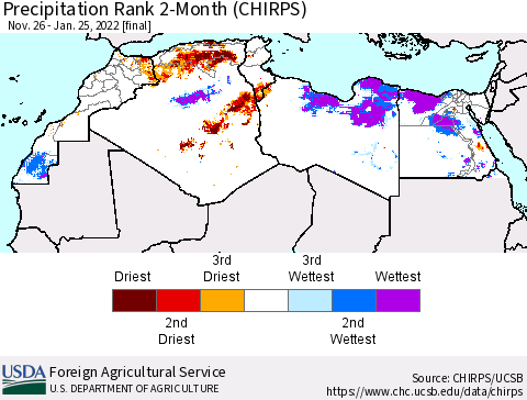North Africa Precipitation Rank since 1981, 2-Month (CHIRPS) Thematic Map For 11/26/2021 - 1/25/2022