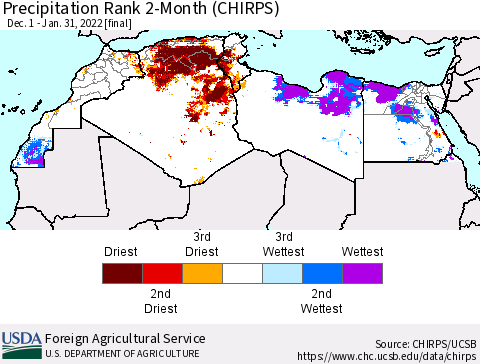 North Africa Precipitation Rank since 1981, 2-Month (CHIRPS) Thematic Map For 12/1/2021 - 1/31/2022