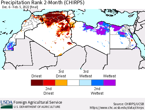 North Africa Precipitation Rank since 1981, 2-Month (CHIRPS) Thematic Map For 12/6/2021 - 2/5/2022