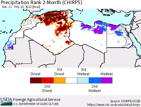 North Africa Precipitation Rank since 1981, 2-Month (CHIRPS) Thematic Map For 12/11/2021 - 2/10/2022