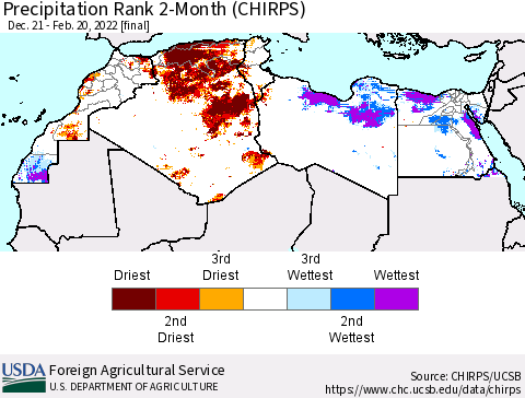 North Africa Precipitation Rank since 1981, 2-Month (CHIRPS) Thematic Map For 12/21/2021 - 2/20/2022