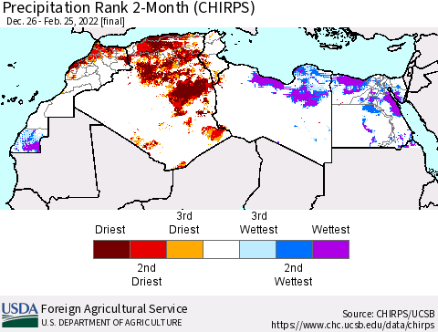 North Africa Precipitation Rank since 1981, 2-Month (CHIRPS) Thematic Map For 12/26/2021 - 2/25/2022