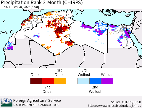 North Africa Precipitation Rank since 1981, 2-Month (CHIRPS) Thematic Map For 1/1/2022 - 2/28/2022