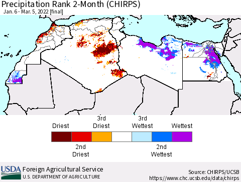 North Africa Precipitation Rank since 1981, 2-Month (CHIRPS) Thematic Map For 1/6/2022 - 3/5/2022