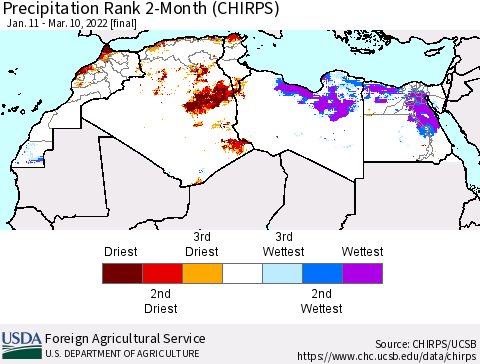 North Africa Precipitation Rank since 1981, 2-Month (CHIRPS) Thematic Map For 1/11/2022 - 3/10/2022