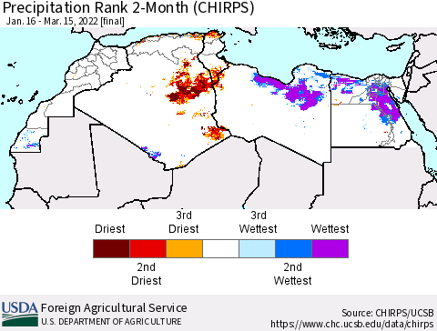North Africa Precipitation Rank since 1981, 2-Month (CHIRPS) Thematic Map For 1/16/2022 - 3/15/2022
