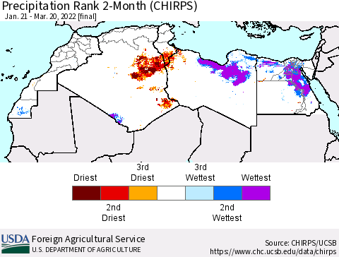 North Africa Precipitation Rank since 1981, 2-Month (CHIRPS) Thematic Map For 1/21/2022 - 3/20/2022