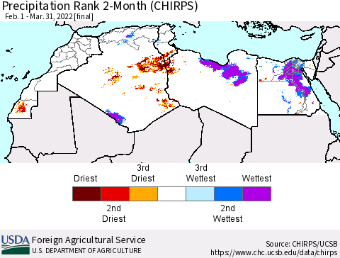 North Africa Precipitation Rank since 1981, 2-Month (CHIRPS) Thematic Map For 2/1/2022 - 3/31/2022