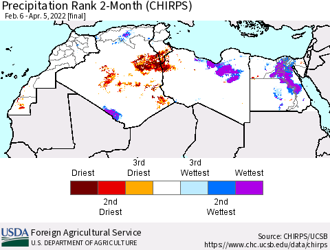 North Africa Precipitation Rank since 1981, 2-Month (CHIRPS) Thematic Map For 2/6/2022 - 4/5/2022