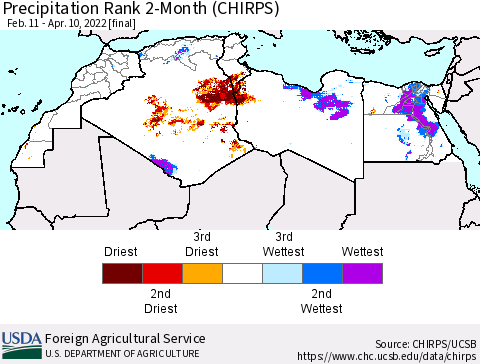 North Africa Precipitation Rank since 1981, 2-Month (CHIRPS) Thematic Map For 2/11/2022 - 4/10/2022