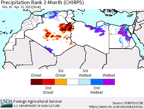 North Africa Precipitation Rank since 1981, 2-Month (CHIRPS) Thematic Map For 2/16/2022 - 4/15/2022