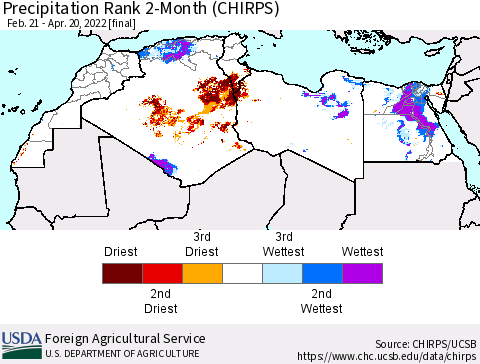 North Africa Precipitation Rank since 1981, 2-Month (CHIRPS) Thematic Map For 2/21/2022 - 4/20/2022