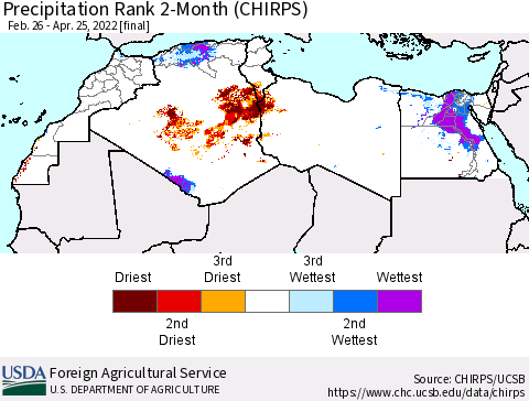 North Africa Precipitation Rank since 1981, 2-Month (CHIRPS) Thematic Map For 2/26/2022 - 4/25/2022