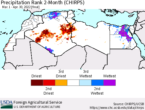 North Africa Precipitation Rank since 1981, 2-Month (CHIRPS) Thematic Map For 3/1/2022 - 4/30/2022