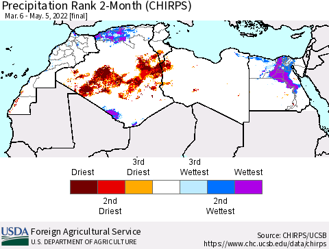 North Africa Precipitation Rank since 1981, 2-Month (CHIRPS) Thematic Map For 3/6/2022 - 5/5/2022