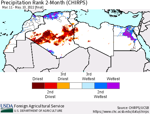 North Africa Precipitation Rank since 1981, 2-Month (CHIRPS) Thematic Map For 3/11/2022 - 5/10/2022