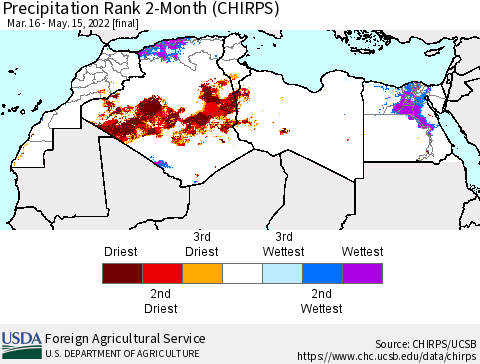 North Africa Precipitation Rank since 1981, 2-Month (CHIRPS) Thematic Map For 3/16/2022 - 5/15/2022