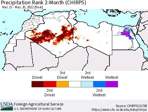 North Africa Precipitation Rank since 1981, 2-Month (CHIRPS) Thematic Map For 3/21/2022 - 5/20/2022
