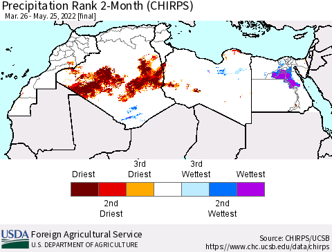 North Africa Precipitation Rank since 1981, 2-Month (CHIRPS) Thematic Map For 3/26/2022 - 5/25/2022