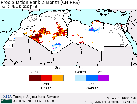 North Africa Precipitation Rank since 1981, 2-Month (CHIRPS) Thematic Map For 4/1/2022 - 5/31/2022