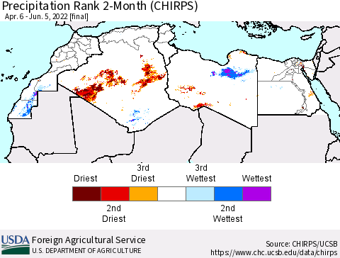 North Africa Precipitation Rank since 1981, 2-Month (CHIRPS) Thematic Map For 4/6/2022 - 6/5/2022