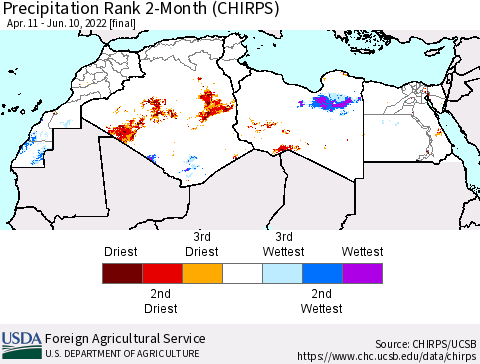North Africa Precipitation Rank since 1981, 2-Month (CHIRPS) Thematic Map For 4/11/2022 - 6/10/2022