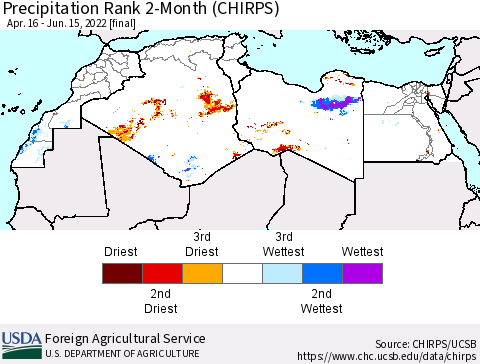 North Africa Precipitation Rank since 1981, 2-Month (CHIRPS) Thematic Map For 4/16/2022 - 6/15/2022