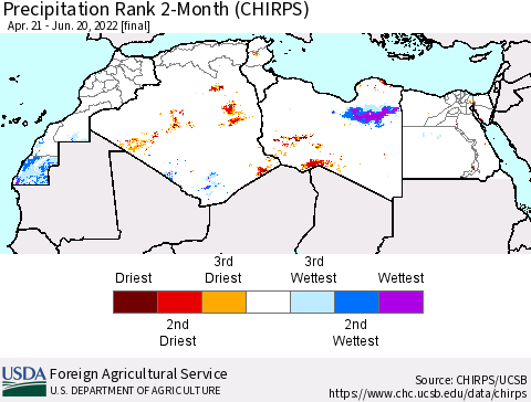 North Africa Precipitation Rank since 1981, 2-Month (CHIRPS) Thematic Map For 4/21/2022 - 6/20/2022