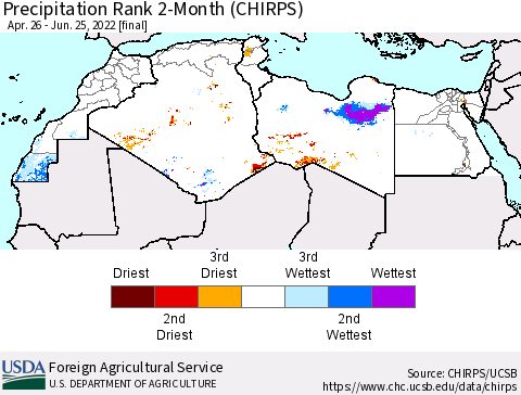 North Africa Precipitation Rank since 1981, 2-Month (CHIRPS) Thematic Map For 4/26/2022 - 6/25/2022