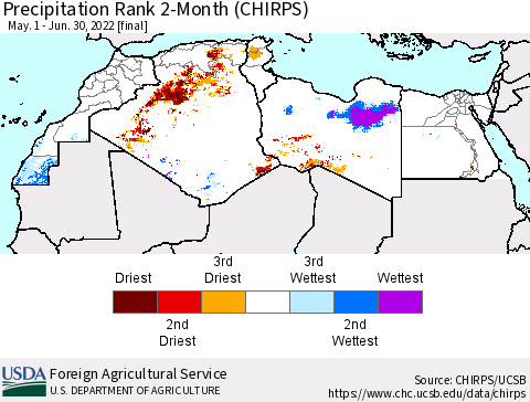 North Africa Precipitation Rank since 1981, 2-Month (CHIRPS) Thematic Map For 5/1/2022 - 6/30/2022