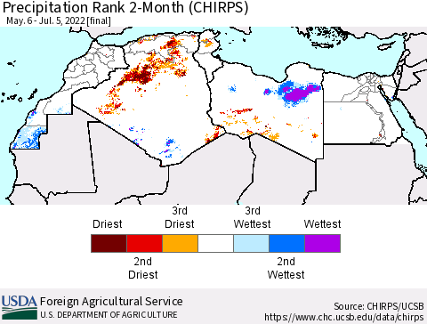 North Africa Precipitation Rank since 1981, 2-Month (CHIRPS) Thematic Map For 5/6/2022 - 7/5/2022