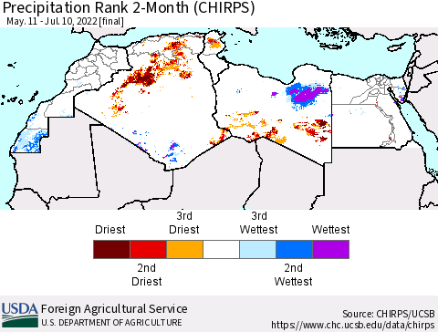 North Africa Precipitation Rank since 1981, 2-Month (CHIRPS) Thematic Map For 5/11/2022 - 7/10/2022