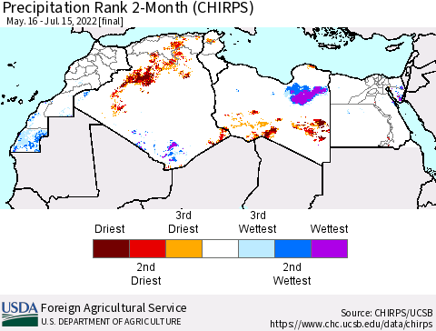 North Africa Precipitation Rank since 1981, 2-Month (CHIRPS) Thematic Map For 5/16/2022 - 7/15/2022