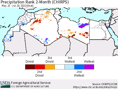 North Africa Precipitation Rank since 1981, 2-Month (CHIRPS) Thematic Map For 5/21/2022 - 7/20/2022