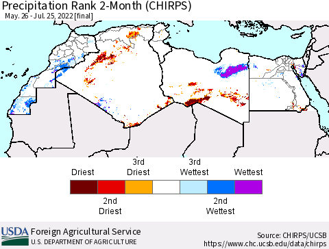 North Africa Precipitation Rank since 1981, 2-Month (CHIRPS) Thematic Map For 5/26/2022 - 7/25/2022
