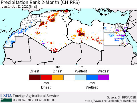 North Africa Precipitation Rank since 1981, 2-Month (CHIRPS) Thematic Map For 6/1/2022 - 7/31/2022