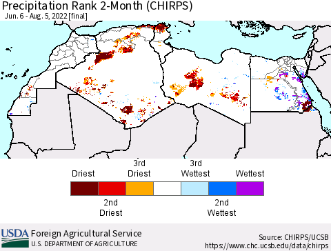 North Africa Precipitation Rank since 1981, 2-Month (CHIRPS) Thematic Map For 6/6/2022 - 8/5/2022