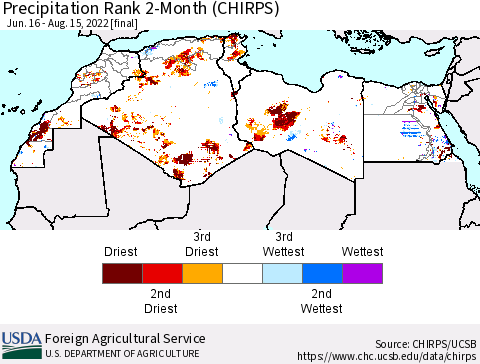 North Africa Precipitation Rank since 1981, 2-Month (CHIRPS) Thematic Map For 6/16/2022 - 8/15/2022